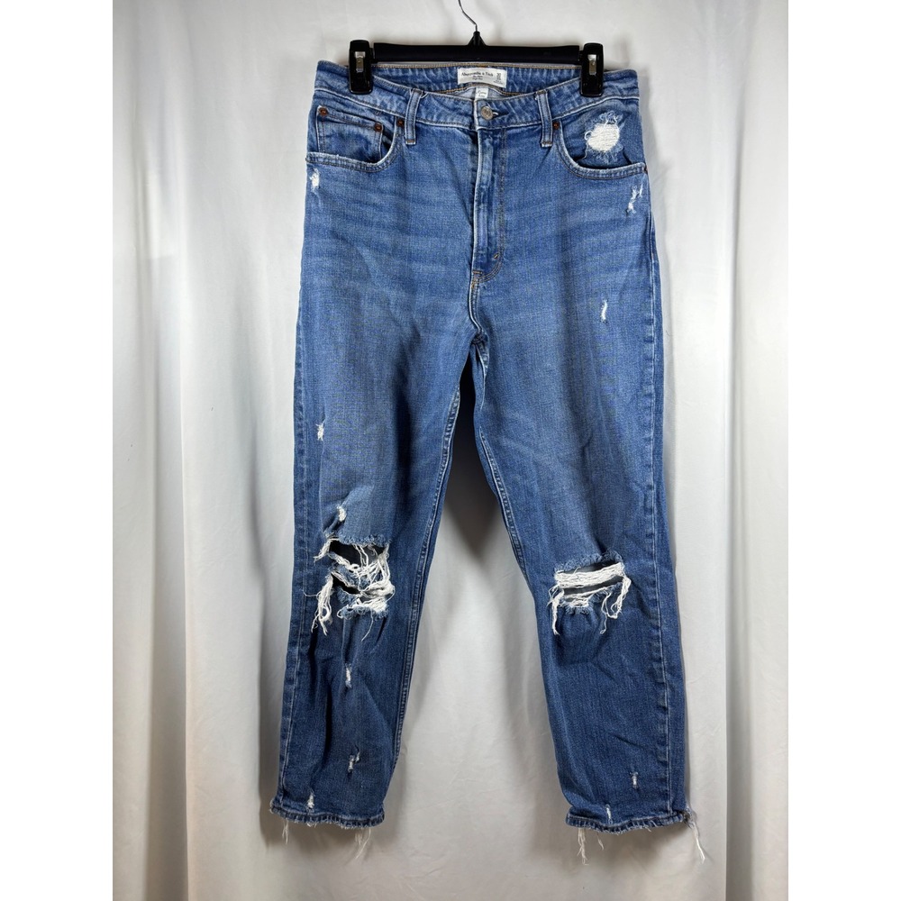 Abercrombie & Fitch Curve Love High Rise Mom Jeans Distressed Blue 30 10R
